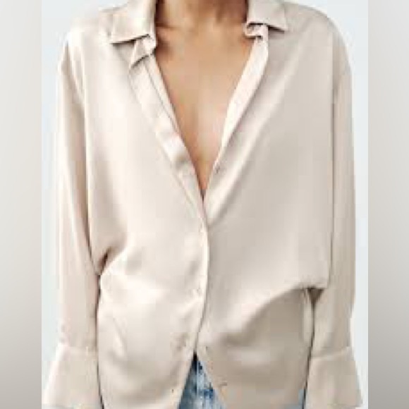 Zara Cream Satin Button Down Shirt - Picture 2 of 7